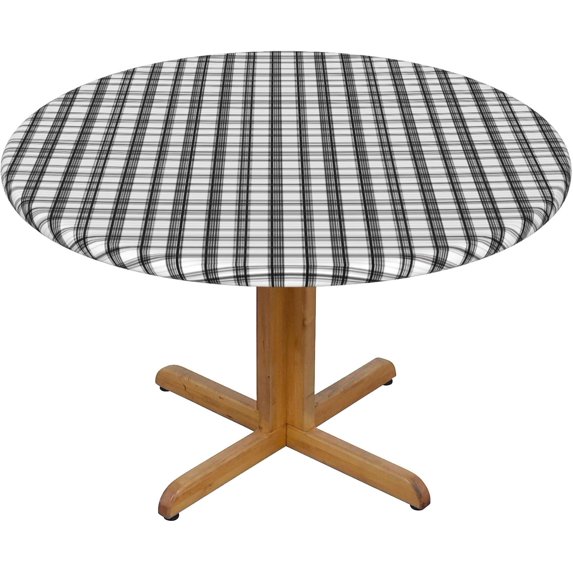 Round Fitted Tablecloth 44 Inch, Tartan Ghost White Plaid Elastic Tablecloth for Round Tables Elastic Stretch Tablecloth Stain Resistant Tabletop Cover Outdoor Tablecloth for Kitchen Dining Picnic