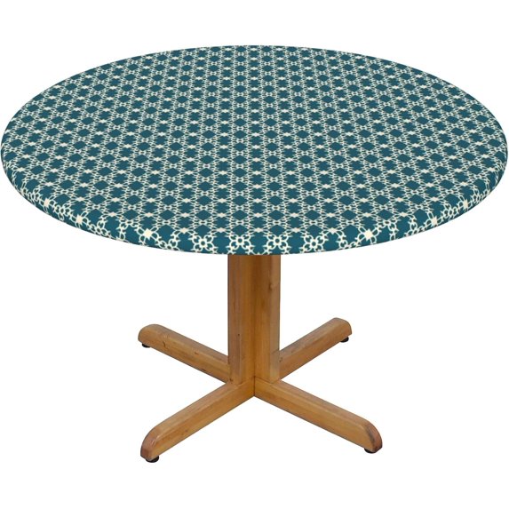 Round Fitted Tablecloth 44 Inch, Traditional Blue Geometric Round Fitted Tablecloth Fitted Table Clothes Wipeable Table Cloth Cover Farmhouse Table Cover for Dining, Party, Buffet, Wedding