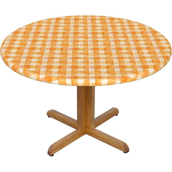 Round Fitted Tablecloth 44 Inch, Watercolor Orange Checkered Elastic Tablecloth for Round Tables Tablecloth Fitted Stain Resistant Tabletop Covers Farmhouse Table Cover for Dining, Parties, Camping