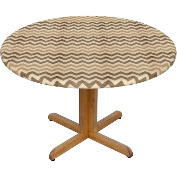 Round Fitted Tablecloth 52 Inch, Beige Brown Retro Zigzag Tablecloth Round Soft Table Covers Table Topper Cover for Party, Wedding, Cocktail, Banquet, Festival