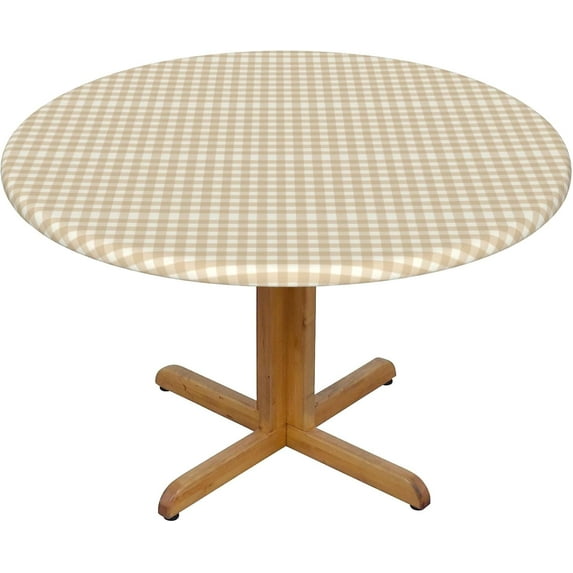 Round Fitted Tablecloth 52 Inch, Beige Gingham Fitted Tablecloth Round Stretch Table Clothes Heat Resistant Table Cloth Cover Wipe Clean Table Cover for Dining Table, Buffet Parties and Camping