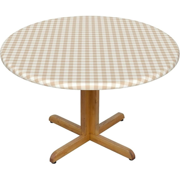 Round Fitted Tablecloth 52 Inch, Beige Gingham Round Fitted Tablecloth Fitted Tablecloth Water Resistant Spill Proof Table Covers Outdoor Tablecloth for Dining, Parties, Camping