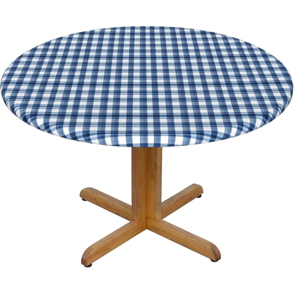 Round Fitted Tablecloth 52 Inch, Blue Jeans Gingham Elastic Fitted Round Table Cover Fitted Table Cover Protectors Water Resistant Tablecloths Outdoor Tablecloth for Restaurant, Picnic, Indoor