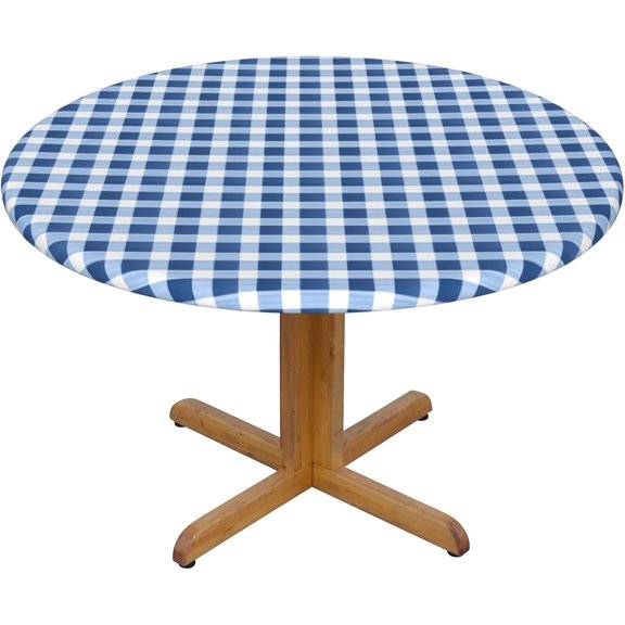 Round Fitted Tablecloth 52 Inch, Blue Jeans Gingham Fitted Round Table Cover Fitted Table Cover Wipeable Table Covers Kitchen Tablecloths for Restaurant, Picnic, Indoor and Outdoor Dining