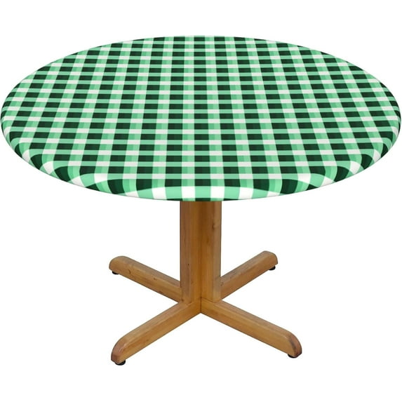 Round Fitted Tablecloth 52 Inch, Christmas Green Buffalo Plaid Fitted Round Tablecloth Fitted Table Clothes Waterproof Table Cloths Polyester Table Cover for Restaurant, Picnic, Indoor Outdoor