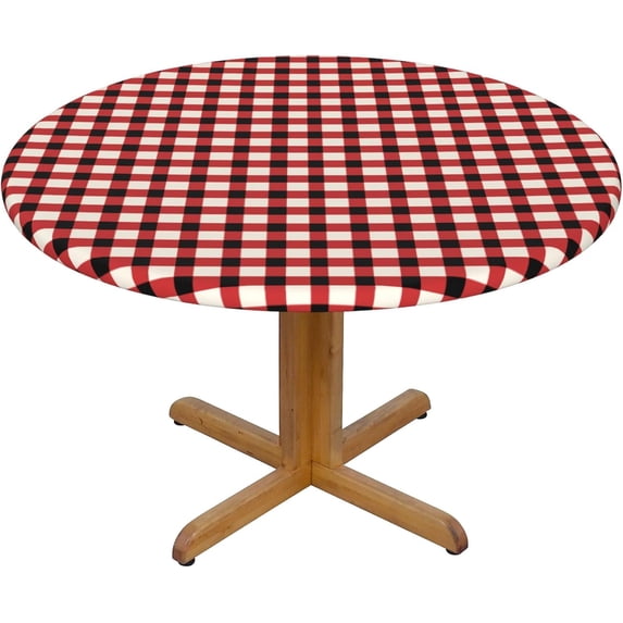 Round Fitted Tablecloth 52 Inch, Gingham Buffalo Plaid Fitted Round Table Cover Fitted Tablecloth Oil Spill Proof Table Top Cover Cloth Table Cover for Restaurant, Picnic, Indoor and Outdoor Dining