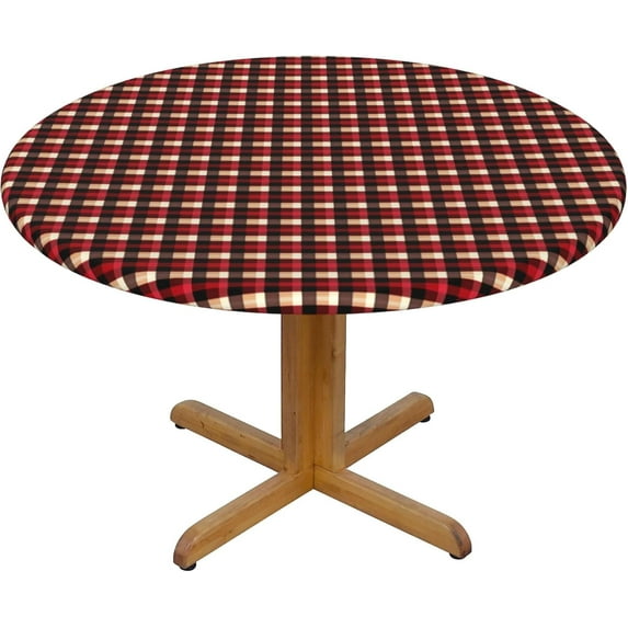 Round Fitted Tablecloth 52 Inch, Line Stripes Check Fitted Round Table Cover Elastic Stretch Tablecloth Heat Resistant Table Cloths Holiday Table Cover for Restaurant, Picnic, Indoor Outdoor
