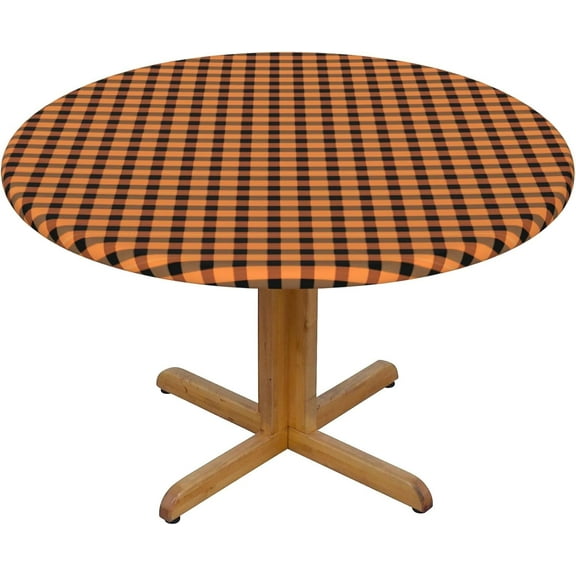 Round Fitted Tablecloth 52 Inch, Orange Black Plaid Fitted Tablecloth Round Fitted Table Cover Durable Tabletop Covers Table Topper for Buffet Table, Parties, Holiday Dinner, Wedding