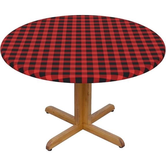 Round Fitted Tablecloth 52 Inch, Red Lumberjack Plaid Elastic Fitted Round Table Cover Elastic Stretch Tablecloth Wipeable Table Covers Kitchen Tablecover for Party, Wedding, Cocktail, Banquet