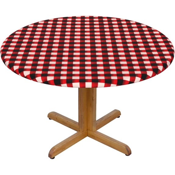 Round Fitted Tablecloth 52 Inch, Watercolor Red Black Gingham Plaid Fitted Tablecloth Round Elastic Fitted Table Covers Stain Resistant Tablecloths Table Protector for Dining Table, Buffet Parties