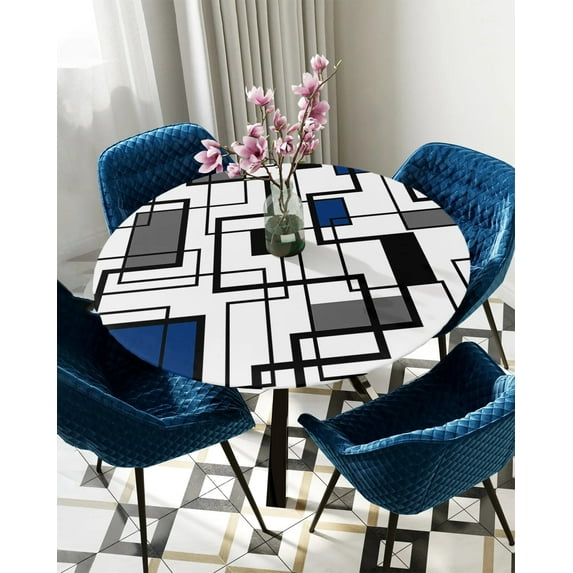 Round Fitted Tablecloth Abstract Geometry Square Modern Art Black Blue Elastic Edged Table Cover Protector Cloth Waterproof