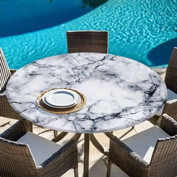 Round Fitted Tablecloth,Abstract Marble Stone Texture Circle Table Cover Waterproof Table Cloth with Elastic Edge,Natural Crack Gray Rock Outdoor Tablecloths for Kitchen Picnic 45-54in