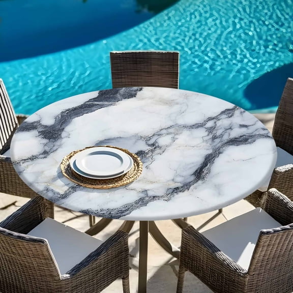 Round Fitted Tablecloth,Abstract Marble Texture Circle Table Cover Waterproof Table Cloth with Elastic Edge,White Gray Black Stone Art Outdoor Tablecloths for Kitchen Picnic 45-54in