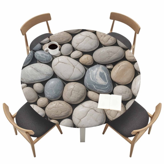 Round Fitted Tablecloth,Abstract Natural Grey Cobblestone Circle Table Cover Waterproof Table Cloth with Elastic Edge,Modern Grey Pebble Stone Outdoor Tablecloths for Kitchen Picnic 45-54in