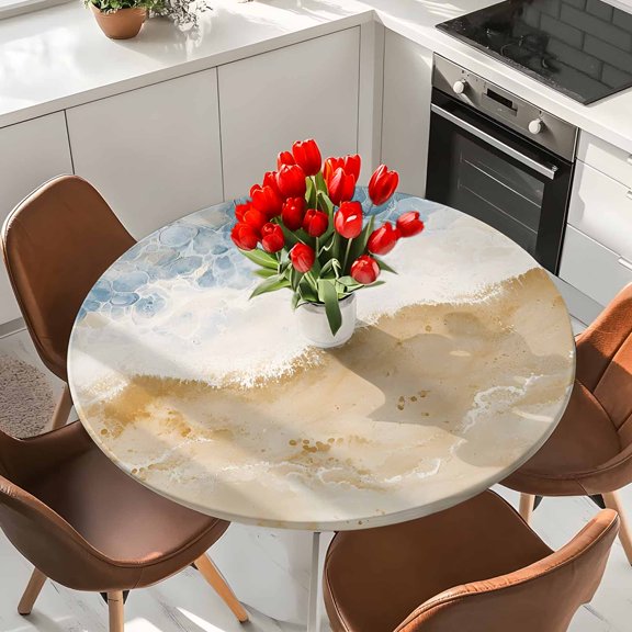 Round Fitted Tablecloth,Abstract Sea Waves Beach Art Circle Table Cover Waterproof Table Cloth with Elastic Edge,Ocean Spray Summer Seaside Outdoor Tablecloths for Kitchen Picnic 36-44in