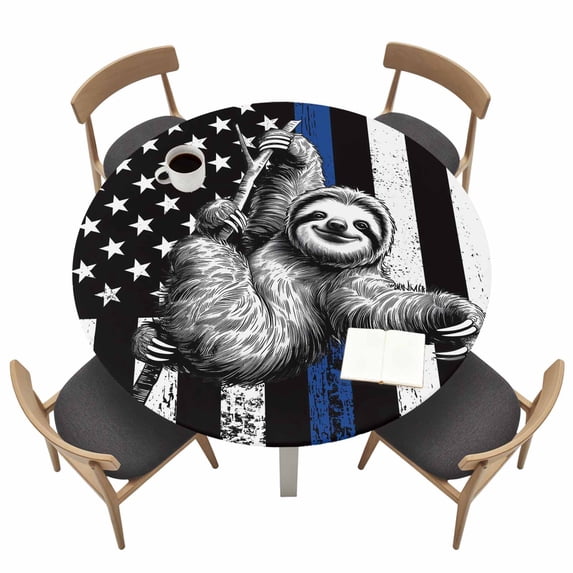 Round Fitted Tablecloth,American Flag Law Enforcement Thin Blue Line Circle Table Cover Waterproof Table Cloth with Elastic Edge,Animal Sloth Outdoor Tablecloths for Kitchen Picnic 55-60in