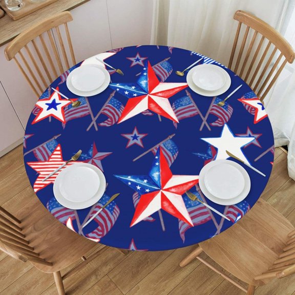 Round Fitted Tablecloth, American Flag Pattern, Waterproof Wipe Clean Surface, Elastic Edge, Indoor Outdoor Use, Fits 45 To 50 Inch Round Tables, Medium