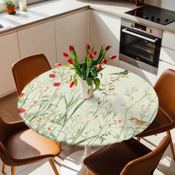 Round Fitted Tablecloth,American Pastoral Watercolor Spring Flower Bird Circle Table Cover Waterproof Table Cloth with Elastic Edge,Green Theme Outdoor Tablecloths for Kitchen Picnic 36-44in