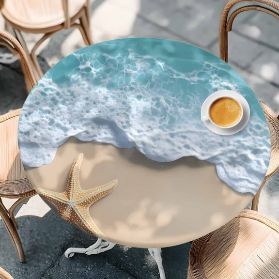 Round Fitted Tablecloth,Beach Starfish Teal Sea Water Circle Table Cover Waterproof Table Cloth with Elastic Edge,Summer Ocean Theme Outdoor Tablecloths for Kitchen Picnic 55-60in