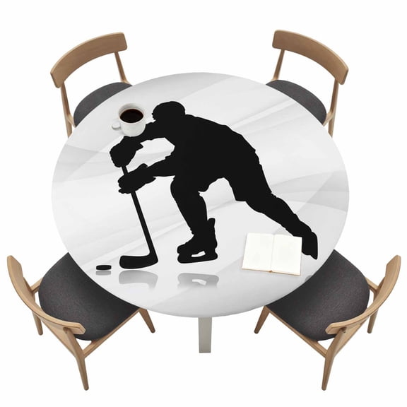 Round Fitted Tablecloth,Black Hockey Player Silhouette Circle Table Cover Waterproof Table Cloth with Elastic Edge,Ice Sports Athlete Game Outdoor Tablecloths for Kitchen Picnic 36-44in