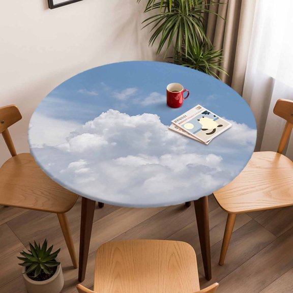 Round Fitted Tablecloth,Blue Sky White Clouds Circle Table Cover Waterproof Table Cloth with Elastic Edge,Sunny Gradient Back Outdoor Tablecloths for Kitchen Picnic 36-44in