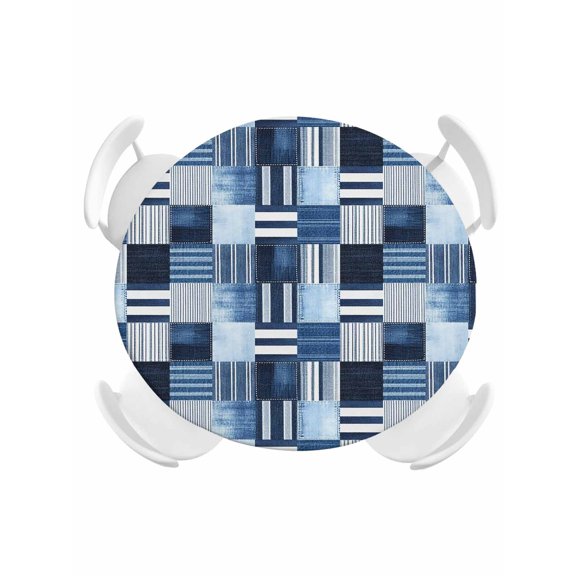 Round Fitted Tablecloth,Blue Stripe Plaid Gingham Check Circle Table Cover Waterproof Table Cloth with Elastic Edge,Abstract Geometric Outdoor Tablecloths for Kitchen Picnic 36-44in