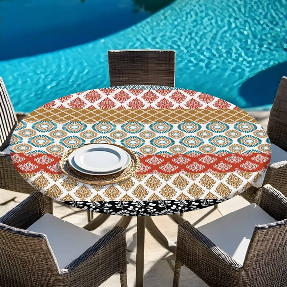 Round Fitted Tablecloth,Boho Abstract Geometric Ethnic Style Circle Table Cover Waterproof Table Cloth with Elastic Edge,Damask Floral Moroccan Plaid Outdoor Tablecloths for Kitchen Picnic 45-54in