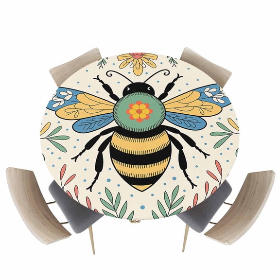 Round Fitted Tablecloth,Bumble Bee Flower Leaves Circle Table Cover Waterproof Table Cloth with Elastic Edge,Blue Polka Dot Outdoor Tablecloths for Kitchen Picnic 45-54in