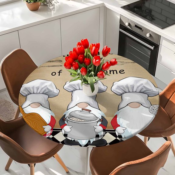 Round Fitted Tablecloth,Chef Gnome Kitchen Cooking Black Plaid Circle Table Cover Waterproof Table Cloth with Elastic Edge,Cute Dwarf Retro Brown Back Outdoor Tablecloths for Kitchen Picnic 36-44in