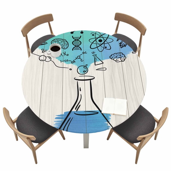 Round Fitted Tablecloth,Chemical Formula Beaker on Wood Grain Circle Table Cover Waterproof Table Cloth with Elastic Edge,School Season Outdoor Tablecloths for Kitchen Picnic 36-44in