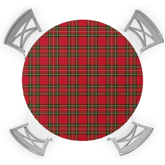 Round Fitted Tablecloth, Christmas Winter Red And Green Checkered Tartan Scottish Waterproof Table Cloth Table Cover with Elastic Edged for Outdoor Picnic Parties, Fits Tables up to 36" - 44"