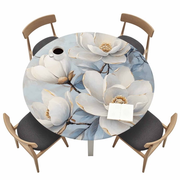 Round Fitted Tablecloth,Classic Flower Magnolia Circle Table Cover Waterproof Table Cloth with Elastic Edge,Blue Gradient Outdoor Tablecloths for Kitchen Picnic 55-60in
