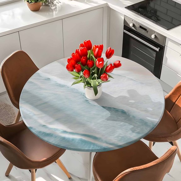 Round Fitted Tablecloth,Coastal Blue White Waves on Beach Circle Table Cover Waterproof Table Cloth with Elastic Edge,Ocean Seaside Landscape Outdoor Tablecloths for Kitchen Picnic 36-44in