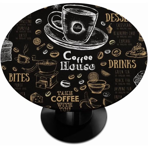 Round Fitted Tablecloth, Coffee Cup Printed Elastic Edge Table Cover Wipeable Round Table Cloth for Indoor Outdoor Use Fits Tables up to 40-44inch Diameter