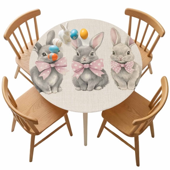 Round Fitted Tablecloth,Cute Easter Rabbit Retro Linen Circle Table Cover Waterproof Table Cloth with Elastic Edge,Pink Polka Dot Bow Outdoor Tablecloths for Kitchen Picnic 55-60in