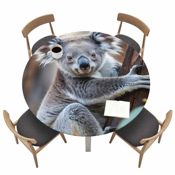 Round Fitted Tablecloth,Cute Koala Animal Circle Table Cover Waterproof Table Cloth with Elastic Edge,Trees Leaves Jungle Outdoor Tablecloths for Kitchen Picnic 45-54in