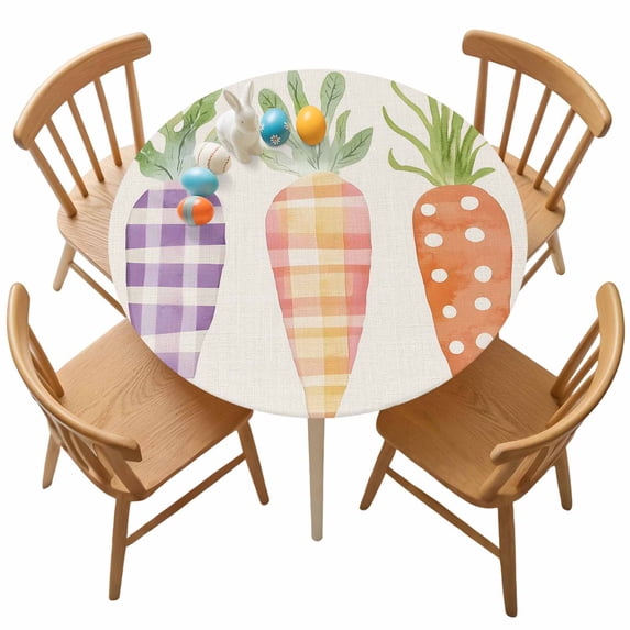 Round Fitted Tablecloth,Easter Colorful Radish on Beige Linen Circle Table Cover Waterproof Table Cloth with Elastic Edge,Spring Stripes Outdoor Tablecloths for Kitchen Picnic 55-60in