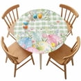 thumbnail image 1 of Round Fitted Tablecloth,Easter Egg Green Check Circle Table Cover Waterproof Table Cloth with Elastic Edge,Spring Flower Leaf Pastoral Style Outdoor Tablecloths for Kitchen Picnic 55-60in, 1 of 9