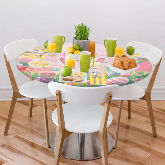 Round Fitted Tablecloth, Easter Eggs Cute Bunny Elastic Edge Table Cover Wipeable Round Table Cloth for Indoor Outdoor Use Fits Tables up to 45-50inch Diameter