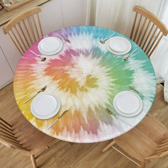 Round Fitted Tablecloth with Elastic Abstract Colorful Tie Dye Round Outdoor Tablecloths Fitted Table Covers for Round Tables Waterproof Reusable Vinyl Table Cloth for Indoor and Outdoor 44"-48"