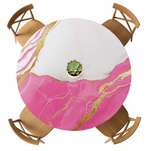 Round Fitted Tablecloth with Elastic Abstract Marble Tablecloths Waterproof Oil Proof Marble Pink Table Cover for Kitchen Dinner Holiday Party Picnic Fits Tables up to 36"- 44" Diameter
