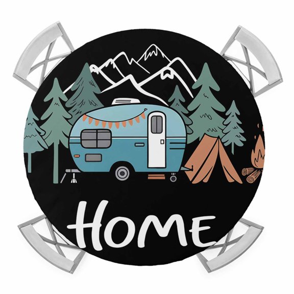 Round Fitted Tablecloth with Elastic Adventure Camper Tablecloths Forest Pine Trees Mountain Home Patio Table Cover for Kitchen Dinner Party Picnic Decor Fits Tables up to 55"- 60" Diameter