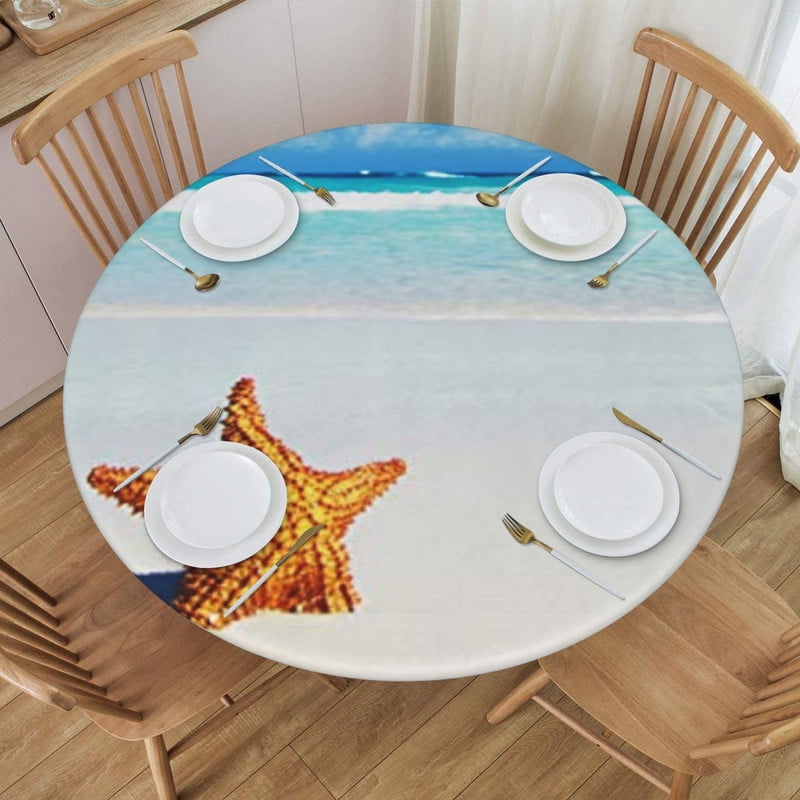 Round Fitted Tablecloth with Elastic Round Beach Theme Round Outdoor
