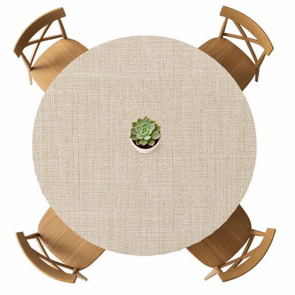 Round Fitted Tablecloth with Elastic Beige Linen Texture Tablecloths Waterproof Oil Proof Farmhouse Solid Color Table Cover for Kitchen Dinner Party Picnic Fits Tables up to 36"- 44" Diameter
