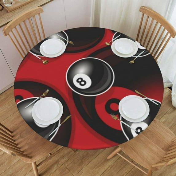 Round Fitted Tablecloth with Elastic Billiards Pool Snooker 8 Ball Symbol red Fitted Table Covers for Round Tables Waterproof Reusable Vinyl Table Cloth for Indoor and Outdoor 57"-66" ,24ju26caA63