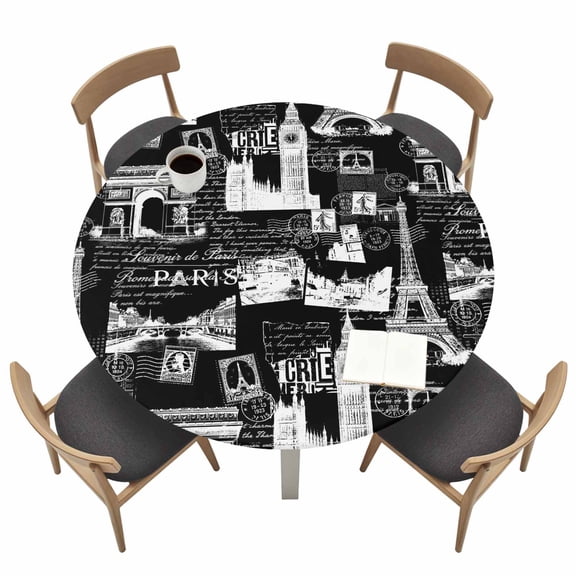 Round Fitted Tablecloth with Elastic Black Eiffel Tower Tablecloths France Paris Travel Landscape Patio Table Cover for Kitchen Dinner Party Picnic Decor Fits Tables up to 36"- 44" Diameter