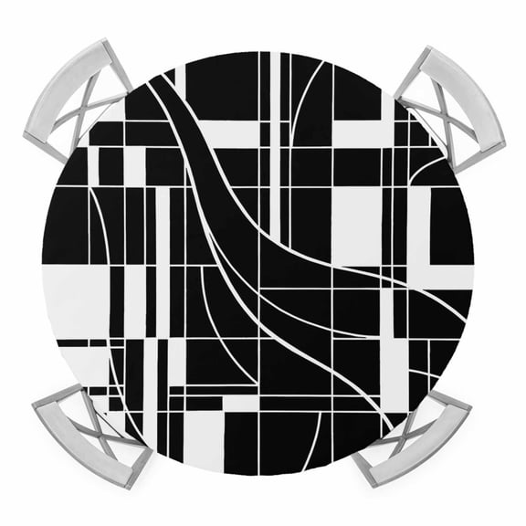 Round Fitted Tablecloth with Elastic Black Lines Grid Tablecloths Geometric Curving Fluid Ribbons Patio Table Cover for Kitchen Dinner Party Picnic Decor Fits Tables up to 36"- 44" Diameter