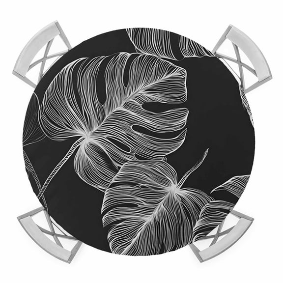 Round Fitted Tablecloth with Elastic Black Palm Leaves Tablecloths Summer Tropical Branches Patio Table Cover for Kitchen Dinner Party Picnic Decor Fits Tables up to 36"- 44" Diameter