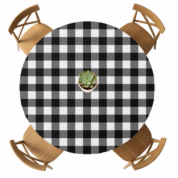 Round Fitted Tablecloth with Elastic Black White Buffalo Plaid Tablecloths Waterproof Oil Proof Pastoral Checked Table Cover for Kitchen Dinner Party Picnic Fits Tables up to 36"- 44" Diameter