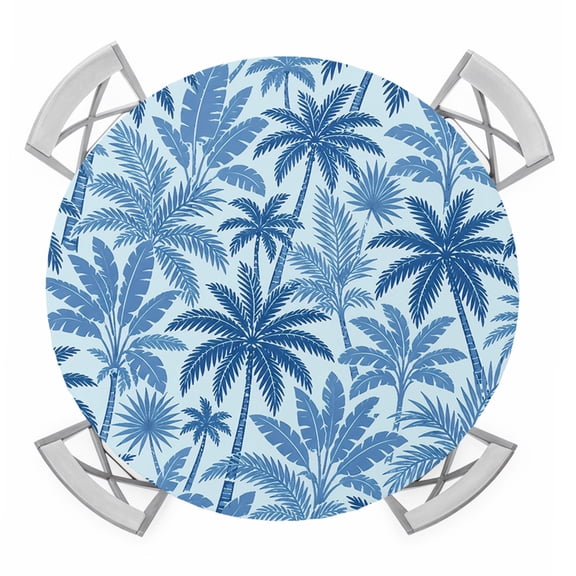Round Fitted Tablecloth with Elastic Blue Coconut Palm Trees Tablecloths Coastal Tropical Jungle Patio Table Cover for Kitchen Dinner Party Picnic Decor Fits Tables up to 36"- 44" Diameter